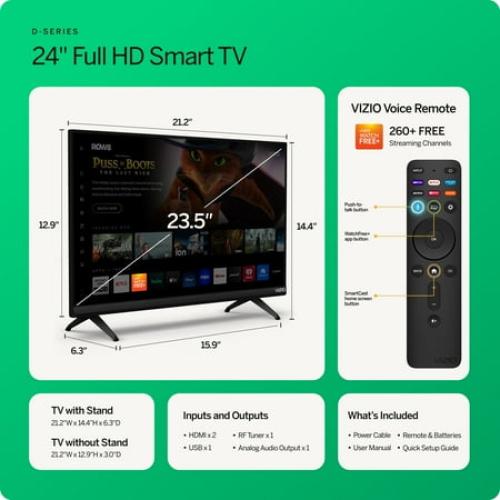 VIZIO 24 Class D-Series FHD LED Smart TV for Gaming and Streaming, Bluetooth Headphone Capable (Online Only) D24fM-K01