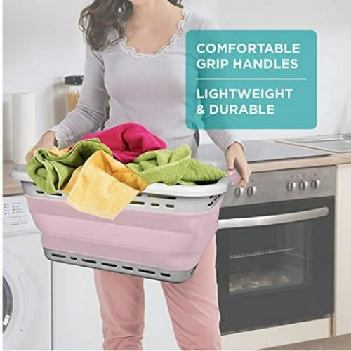 Brookstone 11 Gallon Collapsible Plastic Laundry Basket, Portable Pop-up Hamper, Foldable Storage Container, Washing Tub, Pink
