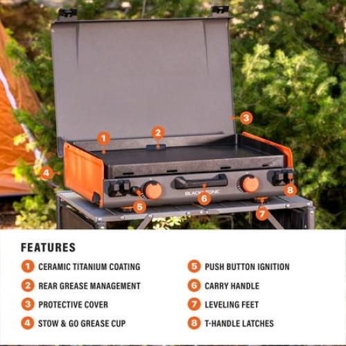 Blackstone Adventure Ready 20”x14” 2-Burner Propane Camping Griddle with Latching Hood and Handle