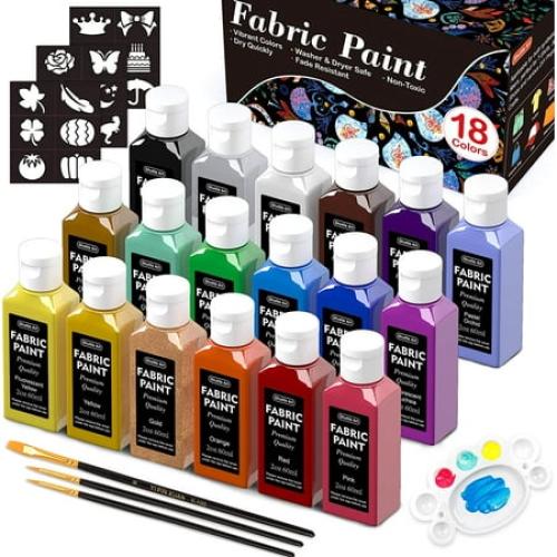 Fabric Paint, Shuttle Art 18 Colors Permanent Soft Fabric Paint in Bottles (60ml/2oz) with Brushes, Palette, Stencils, Textile Paint for T-shirts, Shoes, Jeans, Bags, Art Crafts