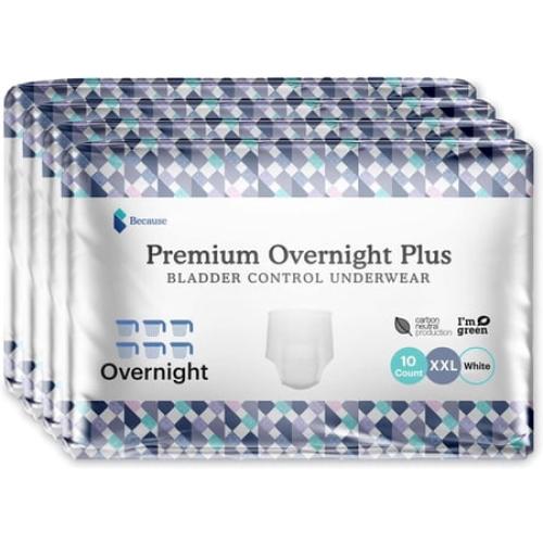 Because Premium Overnight Plus Incontinence Underwear - White, XXL, 40 Ct