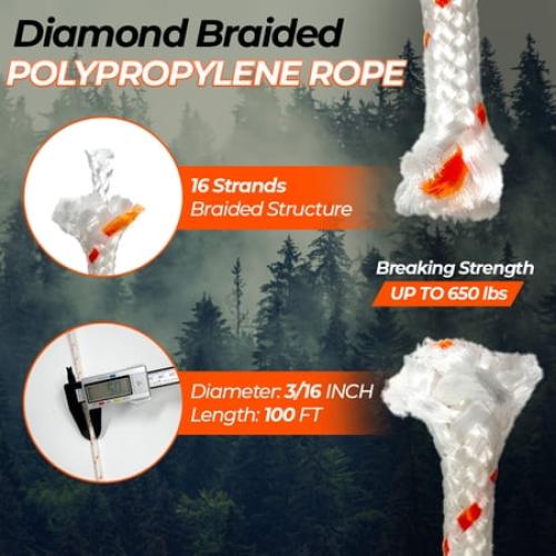 Red Diamond Braided Polypropylene Rope, 16-Strand 660lbs High Strength Utility Cord, Lightweight, Floating Rope for Camping, Flag Pole,Marine, Indoor and Outdoor, (9) 3/16in X 100FT) ( 9 bundles x 100')
