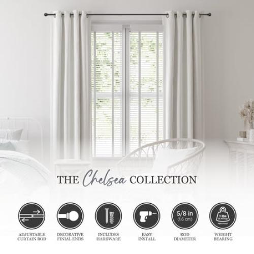 Kenney Chelsea 5/8 Matte Black Single Curtain Rod, 28-48, Black