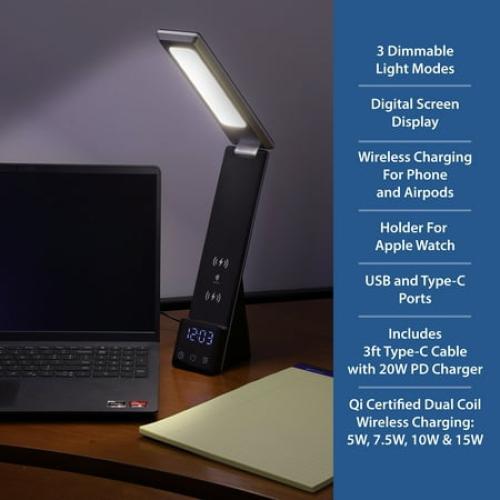 Mainstays 10.9' 5-in-1 LED Dimmable Wireless Charging Foldable Hinge Desk Lamp