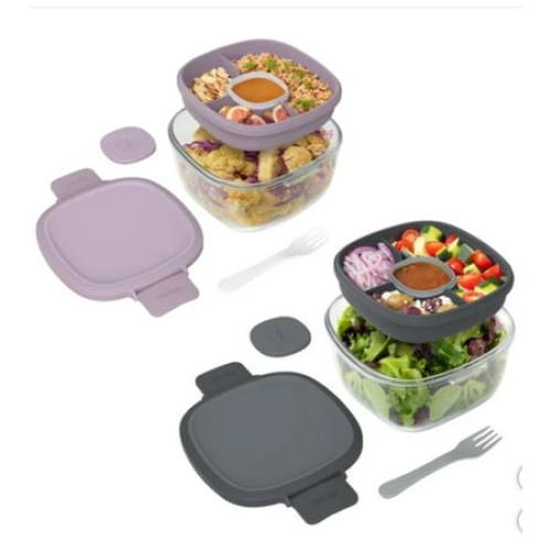 Bentgo Glass Salad Container, 2-pack ‼️missing 2 forks 2 compartments trays‼️