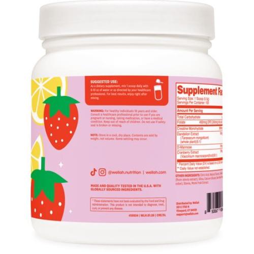 Wellah Creatine for Women (100 Servings, Strawberry Lemonade) - Creatine Monohydrate with Dandelion & Cranberry Extract