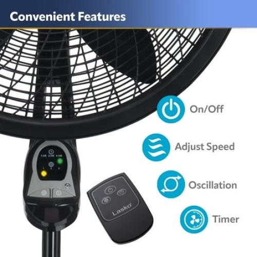 Lasko Cyclone 18 Oscillating Pedestal Fan with Remote, 3 Speeds, 54 H, Black, 1843, New
