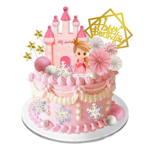 19PCS Princess Cake Topper Castle Cake Decoration for Girl with Snowflake and Stars for Girl Kid Happy Birthday Party Decorations Princess Baby Shower Supplies (Pink)