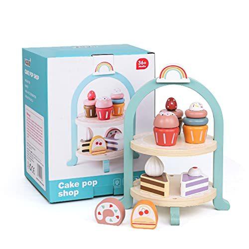 Wooden Dessert Cake Play Food Set Toys Pretend Play Kids Tea Party Set for Little Girls Toddlers Montessori Wooden Play Kitchen Accessories Sets for Kids