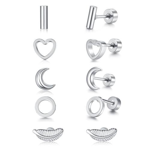 5 Pairs Titanium Stud Earrings for Women Tiny Cartilage Flat Back Stud Earrings Stainless Steel Geometric Earrings Set