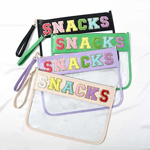 HASIOY Clear Pouch With Patches Snacks Bag Chenille Letter Bag Cosmetic Tote Bag With Gold Shoulder Straps(purple)