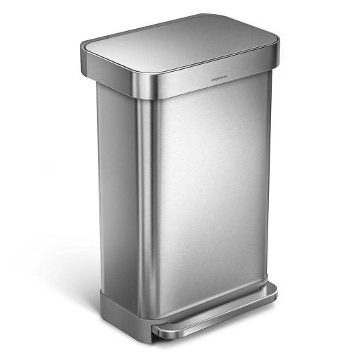 45 Liter Rectangular Step Trash Can with Liner Pocket, Brushed Stainless Steel