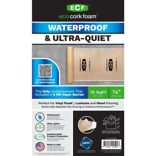 Eco Cork Foam 75 sq. ft. 3 ft. x 25 ft. x 3.2 mm Waterproof Premium Plus 10-in-1 Underlayment - Vinyl Plank, Laminate, Engineered Wood