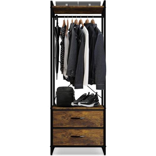Rustic Brown Steel Clothes Rack with Fabric Drawers and Wood Top 15.25 in. W x 70 in. H (NO TEST)