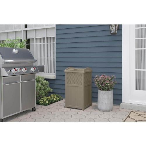 Plastic Trash Hideaway 30 Gallon Beige Outdoor Trash Can with Lid, Suitable for Patios, Decks and Backyards