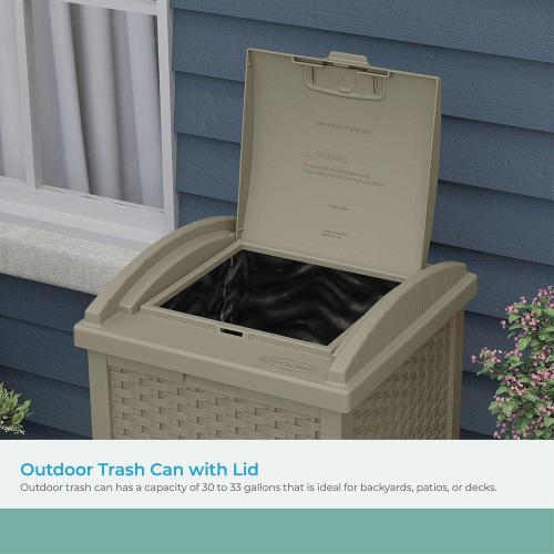 Plastic Trash Hideaway 30 Gallon Beige Outdoor Trash Can with Lid, Suitable for Patios, Decks and Backyards