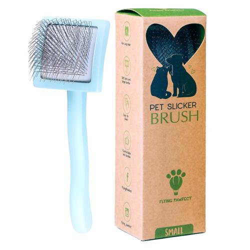 Pet Slicker Brush With Soft Massage Grooming Stainless Steel Pins - Slide This Universal Miracle Coat Slicker Brush for Dematting, Shedding Fur, and Undercoat - Ideal Gift for Professional Pet Groomer Curved Small Baby Blue