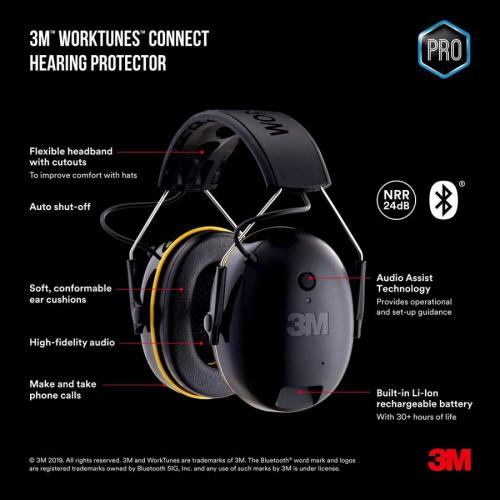3M WorkTunes Connect Plastic Hearing Protection Earmuffs with Bluetooth Compatibility