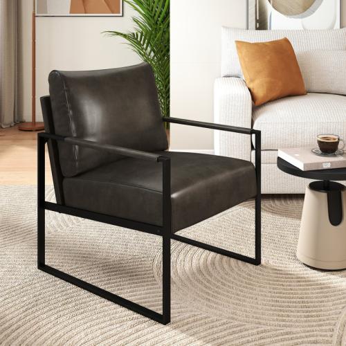 Achilina 24.6'' Wide Vintage Soft Vegan Leather Arm Accent Chair with Removable Backrest - Upholstery Color: Dark Gray