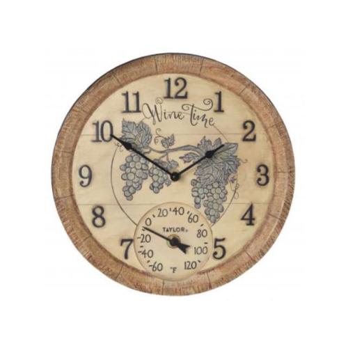 Taylor Precision Products 14-inch Poly Resin Time Clock with Thermometer in Wine Time Pattern