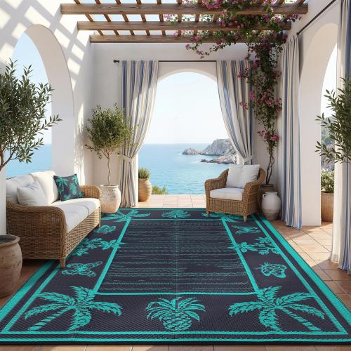Garvee Outdoor Rug 9x12 Waterproof Reversible Plastic Straw Tropical Leaf Design UV-Resistant Patio Deck Camping Mat‼️found a small cut on the black bag but good condition ‼️