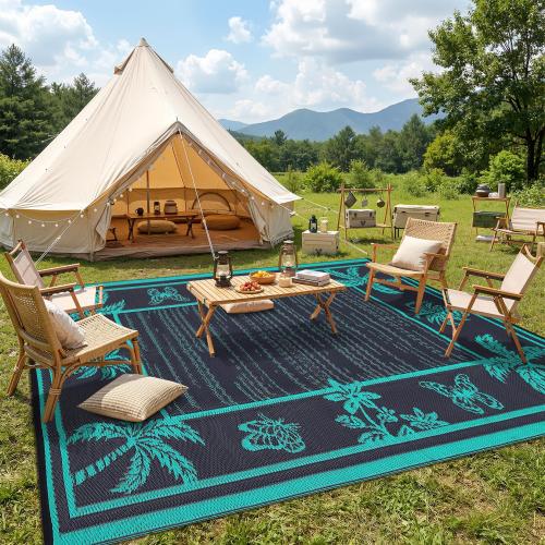 Garvee Outdoor Rug 9x12 Waterproof Reversible Plastic Straw Tropical Leaf Design UV-Resistant Patio Deck Camping Mat‼️found a small cut on the black bag but good condition ‼️