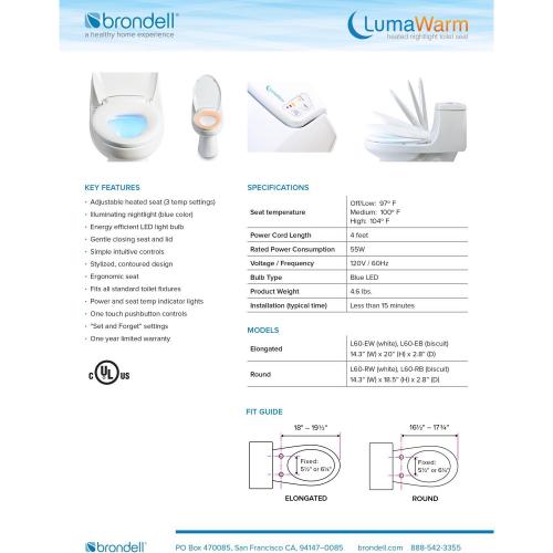 Brondell LumaWarm Slow Close Elongated White Plastic Night Light Toilet Seat