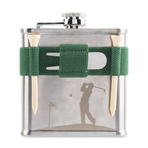 Kikkerland 6 oz Green/Silver Stainless Steel Golf Flask