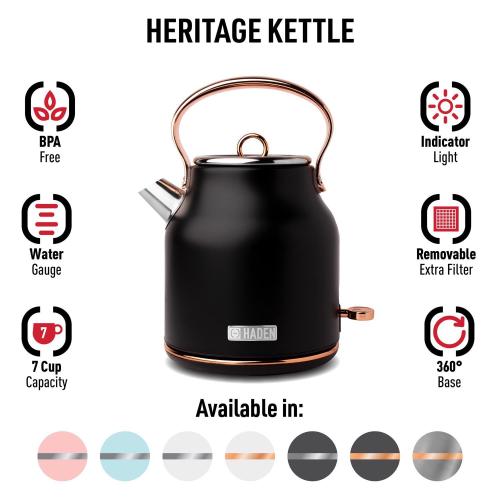 Haden Black/Silver Retro Stainless Steel 1.7 L Electric Tea Kettle