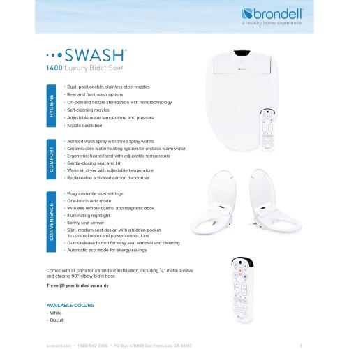 Brondell Swash N/A gal White Elongated Electronic Bidet Toilet Seat