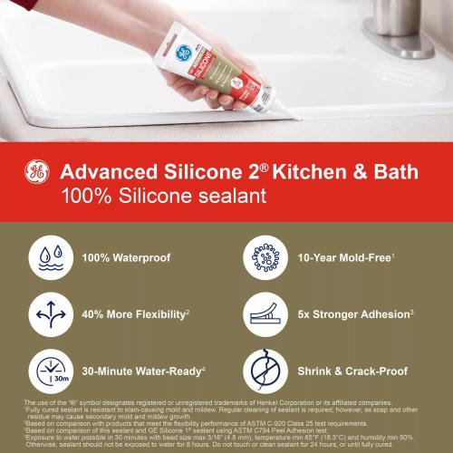 GE Advanced Clear Silicone 2 Kitchen and Bath Caulk Sealant 2.8 oz