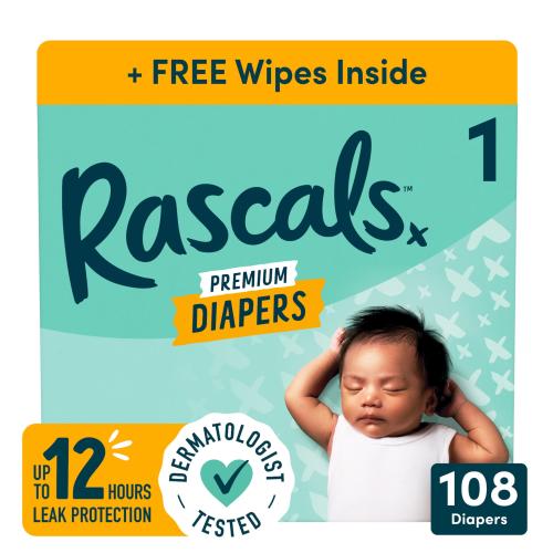 Rascals Premium Absorbent Baby Diapers Size 1 108 Count with 5 Sensitive Infant Wipes