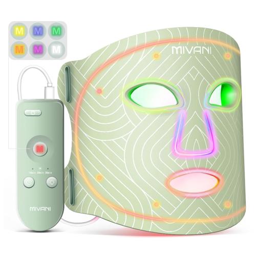 MIVANI LED Face Mask Light Therapy 7 Colors 8 Modes Portable Red Light Therapy for Face with Near-Infrared Light 368 LEDs for Anti-Aging Rechargeable Remote Lightweight for Home & Travel (Green)