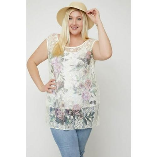 Lace  Sleeveless Tunic Top Purple Floral  3XL