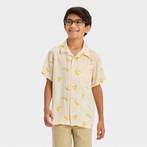 Size M Boys' Short Sleeve Bananas Button-Down Shirt - Cat & Jack™ Off-White