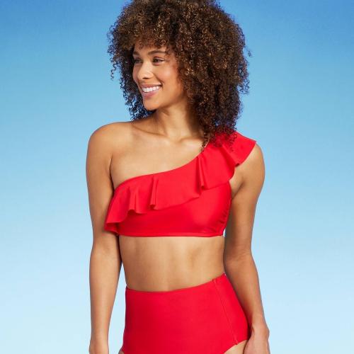 Size L Women's One Shoulder Flounce Bikini Top - Kona Sol™ Red
