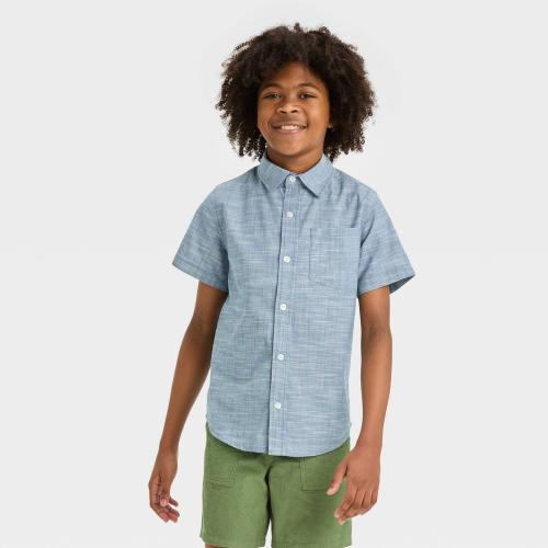 Size M Boys' Short Sleeve Poplin Button-Down Shirt - Cat & Jack™ Blue