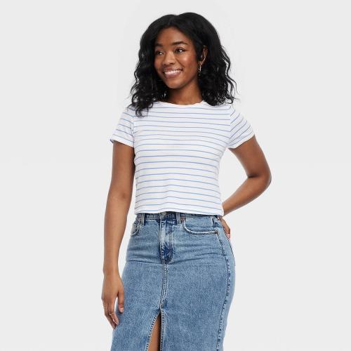 Size L Women's Shrunken Short Sleeve T-Shirt - Universal Thread™ Blue Striped