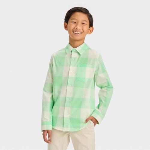 Size M Boys' Long Sleeve Printed Poplin Button-Down Shirt - Cat & Jack™ Green