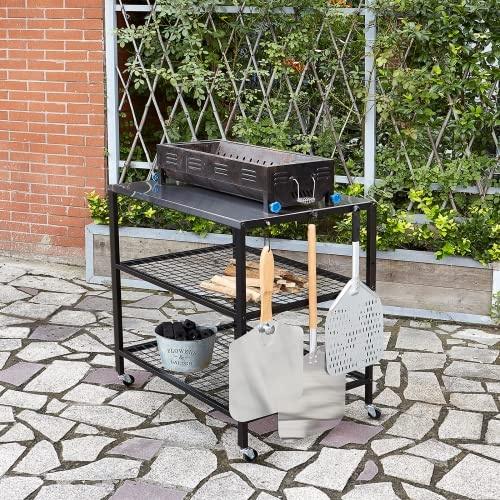 Outdoor Pizza Oven Stand Grill Cart Table Pizza Oven Trolley Stand Stainless Steel Table on Wheels Dining Food Prep Table BBQ Grill Stand for Kitchen