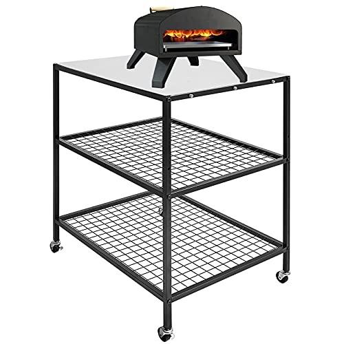 Outdoor Pizza Oven Stand Grill Cart Table Pizza Oven Trolley Stand Stainless Steel Table on Wheels Dining Food Prep Table BBQ Grill Stand for Kitchen