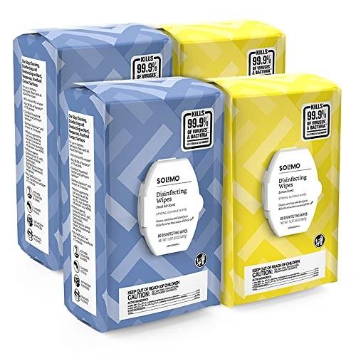 Set of 4 Amazon Brand - Solimo Disinfecting Wipes, Lemon & Fresh Air Scent, Sanitizes/Cleans/Disinfects/Deodorizes, 320 Count (4 Packs of 80)