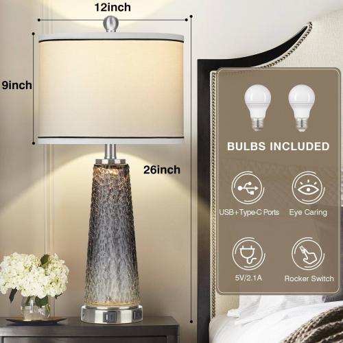Table Lamps Nightlight 2in1 Glass Gray Charging Ports 2-Way Touch Switch