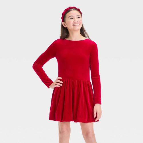 Size M Girls' Velour Bubble Dress - Art Class™ Red