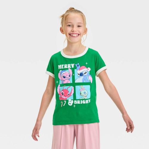 Size L Girls' Lilo & Stitch Christmas Short Sleeve Graphic T-Shirt - Green