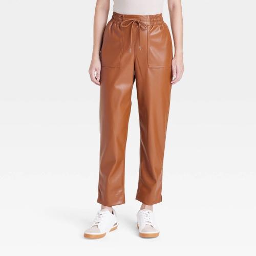 Size L Women's High-Rise Faux Leather Tapered Ankle Pull-on Pants - a New Day™ Tan