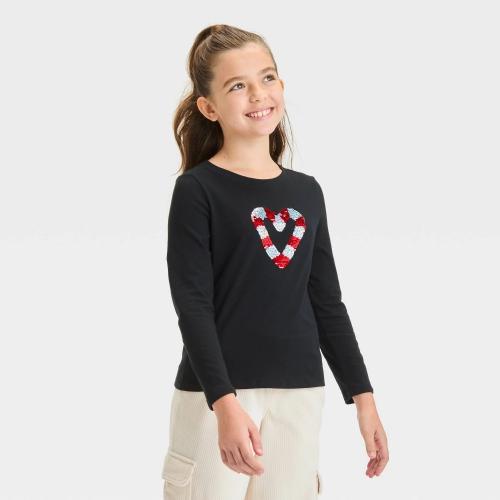 Size S Girls' Long Sleeve Flip Sequin 'Candy Cane' T-Shirt - Cat & Jack™ Black