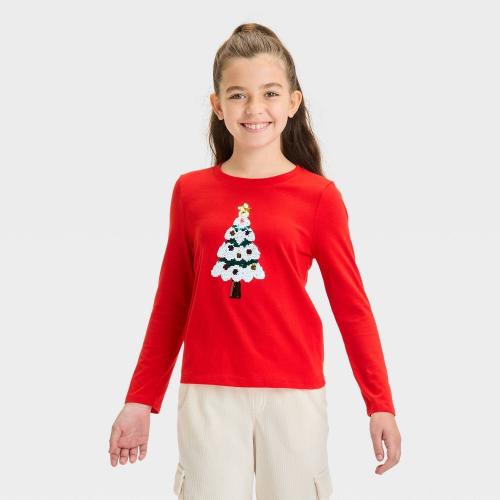 Size M Girls' Long Sleeve Flip Sequin 'Christmas Tree' T-Shirt - Cat & Jack™ Red