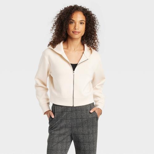 Women's Double Knit Zip Hoodie Sweatshirt - a New Day™ Cream L