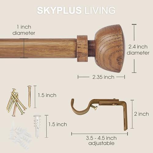 SKYPLUS LIVING Faux Wood Style Curtain Rod Set with Wood Grain Round Finial, 36-72 Inch, Standard Single Drapery Rod for 1 Pack, 1 Inch Diameter, Adju
